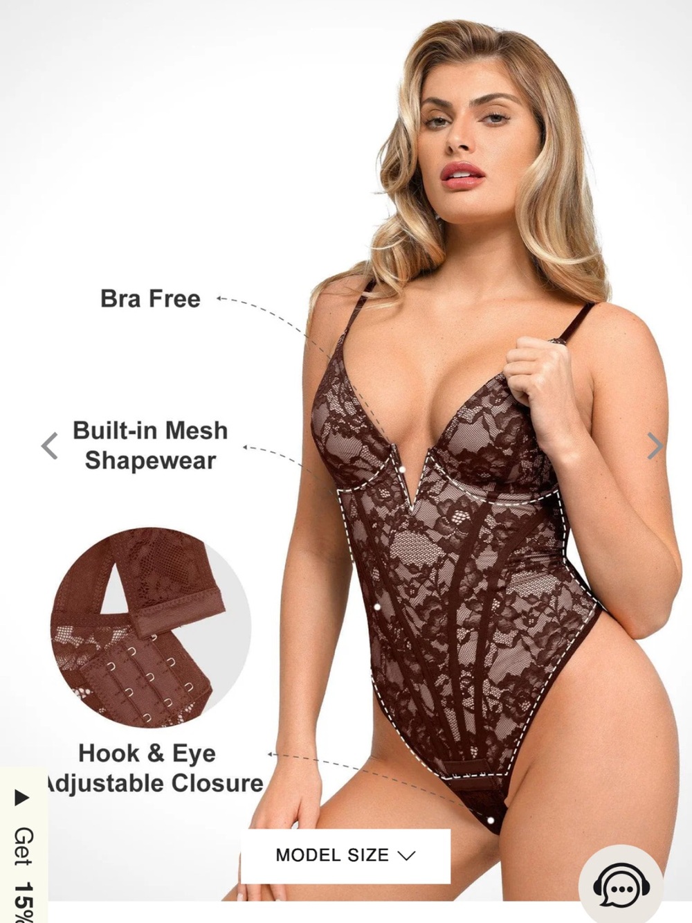 Brown Lace Bodysuit with Built-In Shapewear